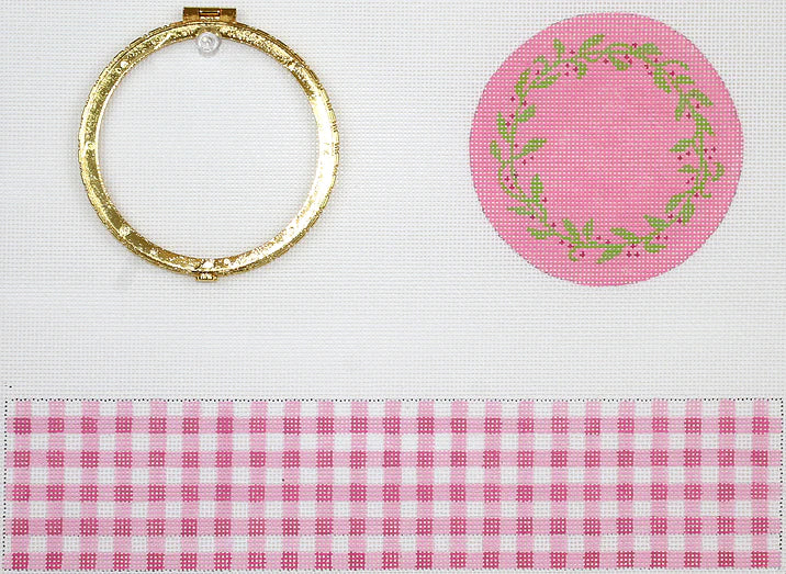 BXXLR-18 - X-Large Round Pink Gingham with Floral Vine and Gold