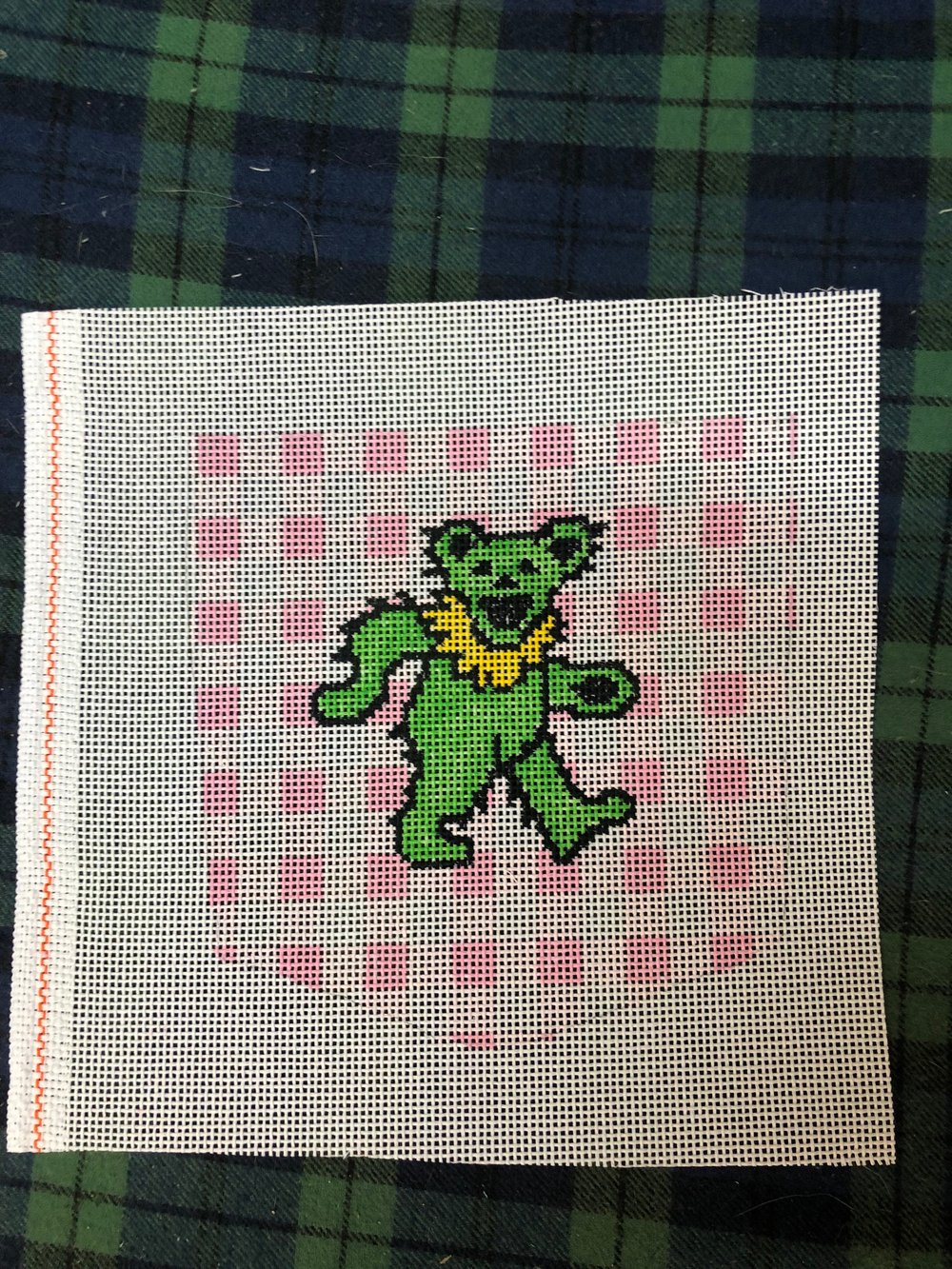 Green Bear on Pink Gingham Pocket