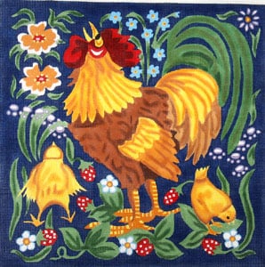 C-265A - Red Rooster with Chicks Wildflowers