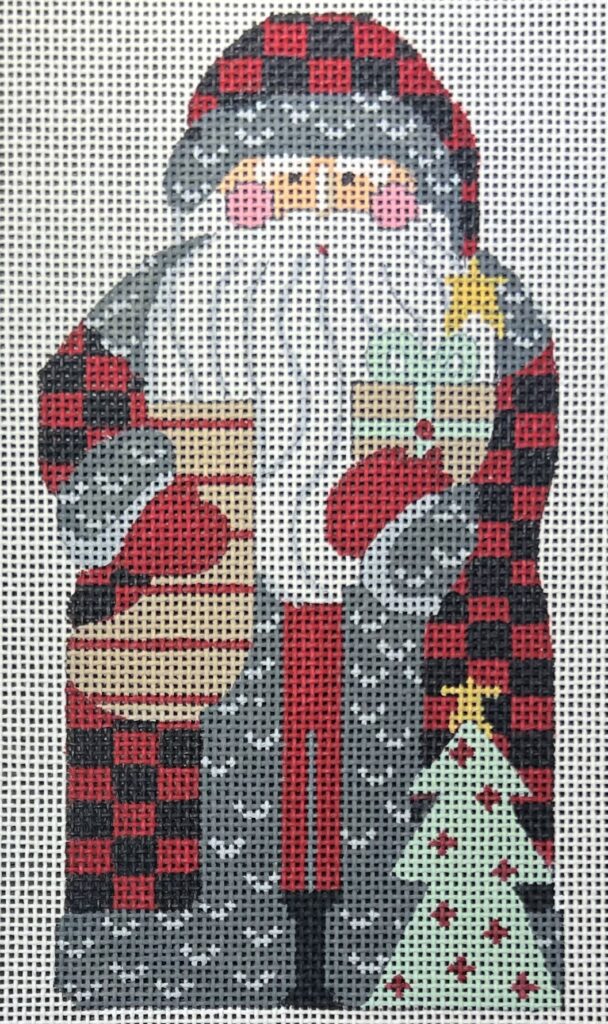CH-1387 - Father Christmas -Buffalo Plaid Holding a Stocking