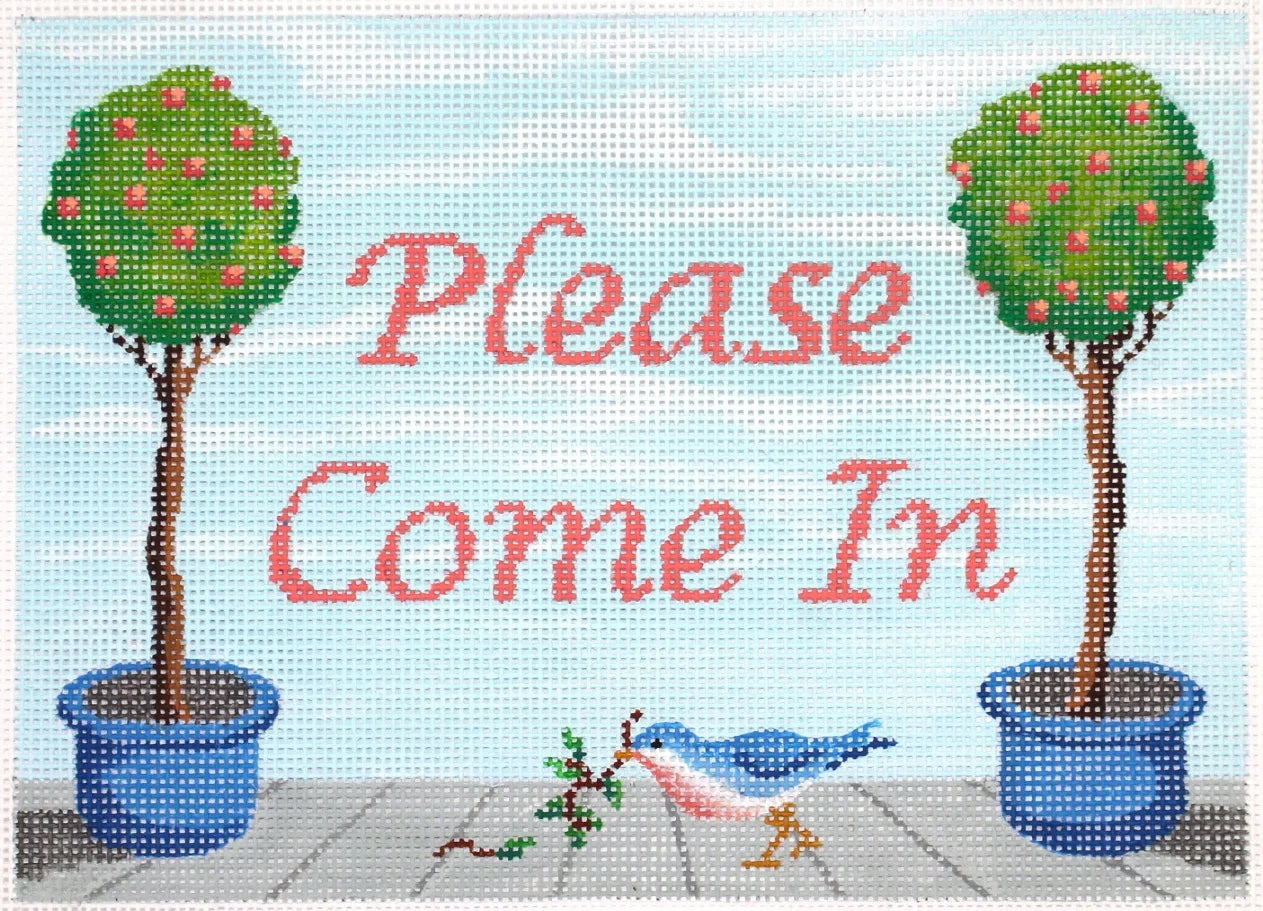 DH-13 - "Please Come In" Topiaries in Blue Pots with Bluebird