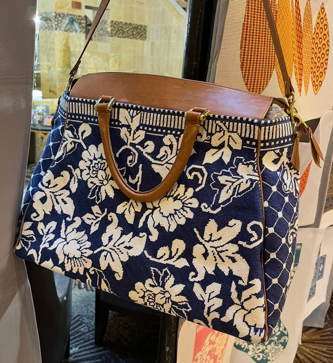 WG13021 - Karen's Damask Tote - Wedgewood and White