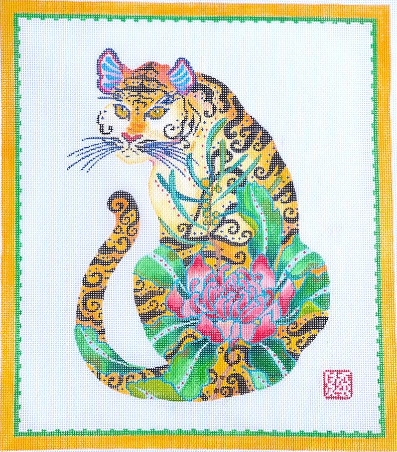 GM-PL-05 - Decorative Tiger with Pink Peony Leaves and Yellow and Green Border