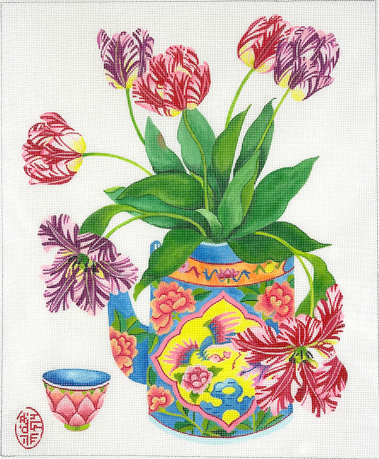 GM-PL-08 - Tulips in a Peranakan Teapot with Cup
