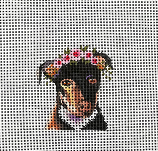 IN086 - Black and Tan Terrier with Floral Crown Insert