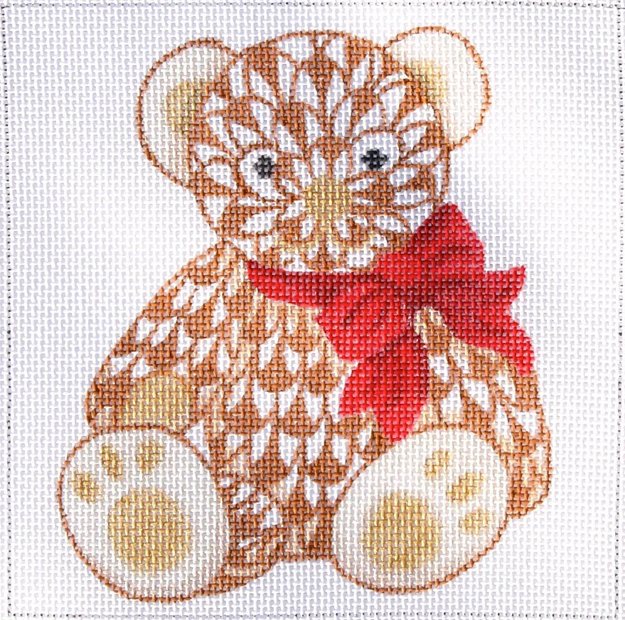 INS5-01 - Herend-Inspired Teddy Bear with Bow - Brown with Red