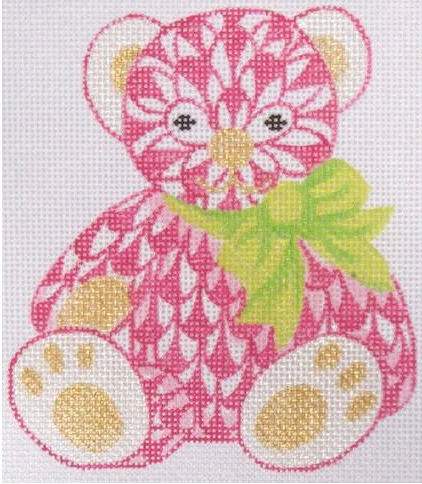 INS5-02 - Herend-Inspired Teddy Bear with Bow - Pink with Lime