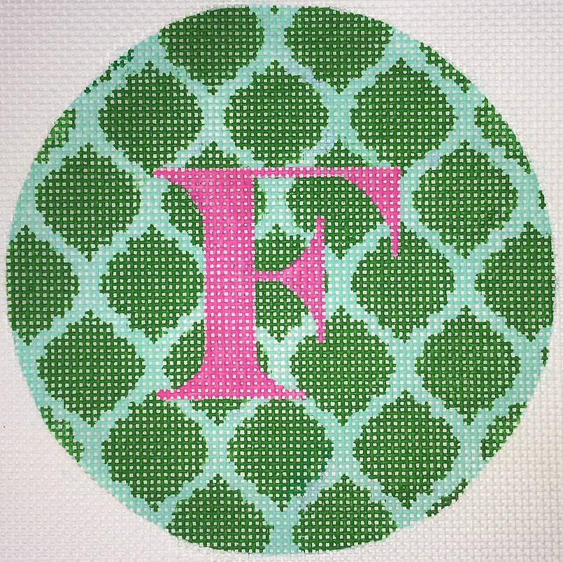 INSMC-24 - Quatrefoils - Emerald on Aqua with Fuchsia Letter (Retiring)