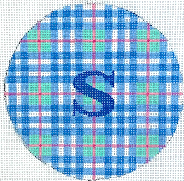 INSMC-48 - Madras Plaid - Turquoise, Blue and Pink with Blue Letter