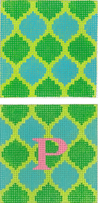 INSSQ3-04 - Quatrefoils - Kelly and Aqua on Lime with Pink Letter (Retiring)