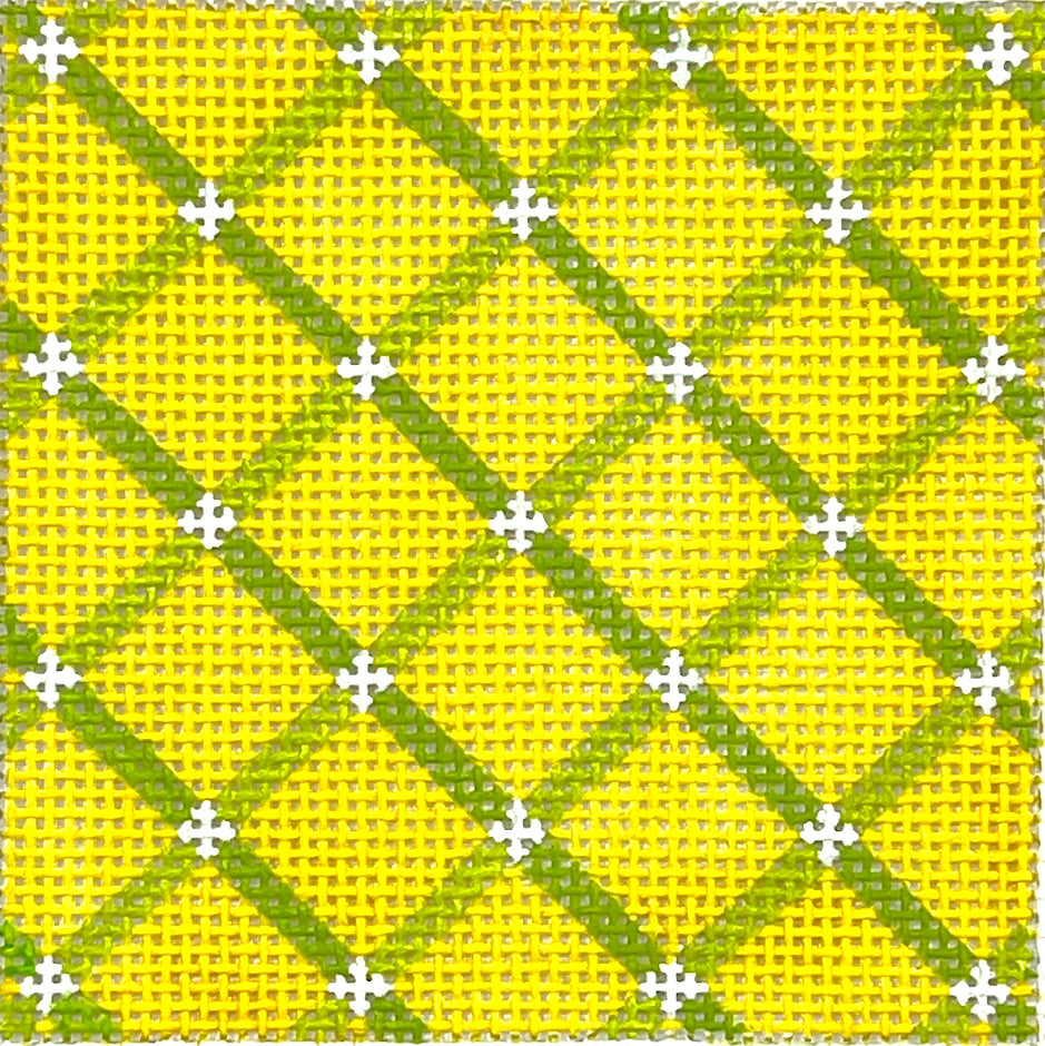 INSSQ3-13 - Criss Cross Grid - Lime on Yellow with White Diamonds