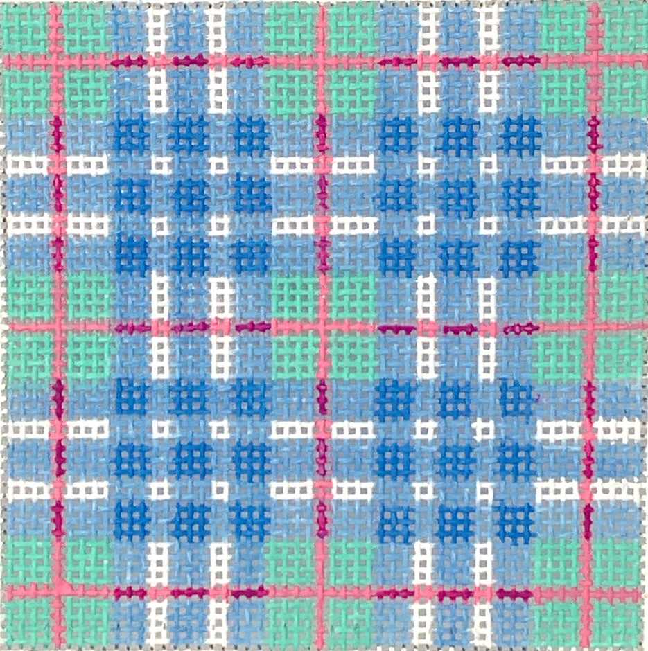 INSSQ3-44 - Madras Plaid - Turquoise, Blues and Pink with Blue Letter