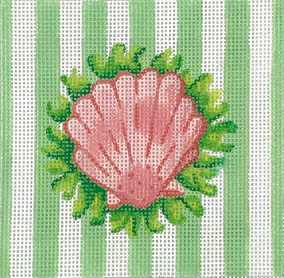 INSSQ4-25 - Scallops and Seaweed on Green Cabana Stripe - Corals and Greens