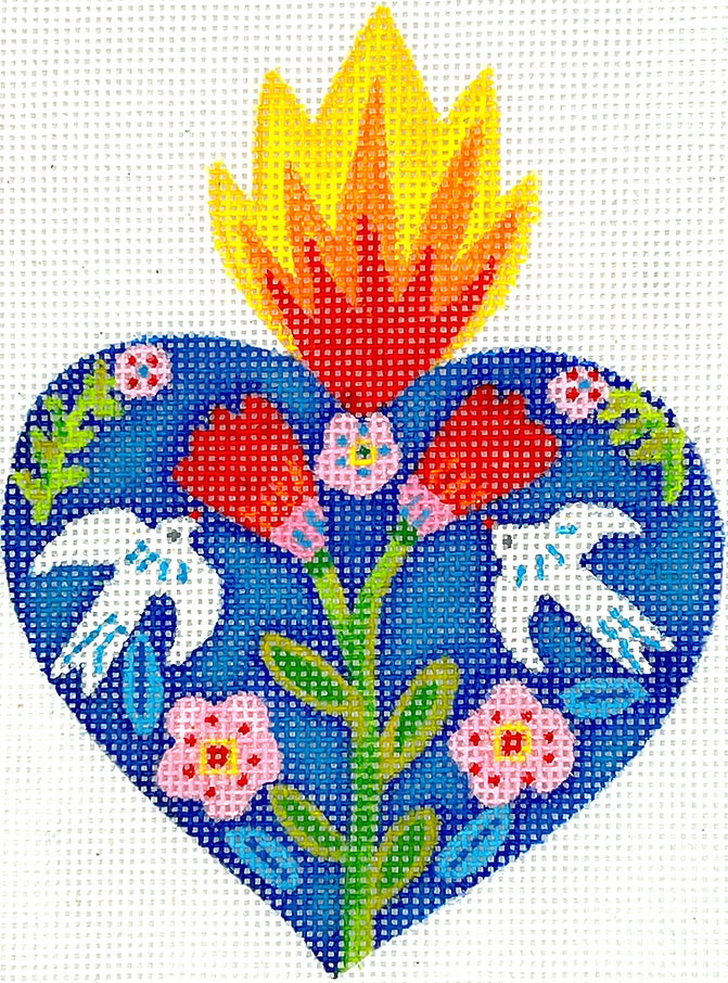 JE-OM-04 - Milagro Heart with Red Flowers Doves and Flame