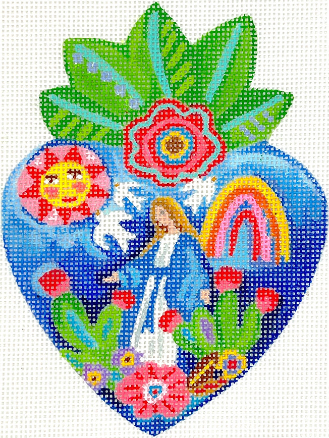 JE-OM-05 - Milagro Heart with Virgin Mary, Flowering Cacti, Rainbow, Sun and Leaves