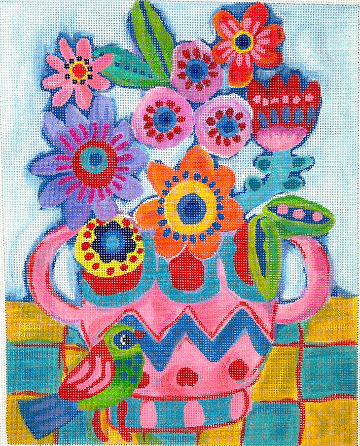 JE-PL-12 - Flowers in Pink and Blue Vase with Green Bird