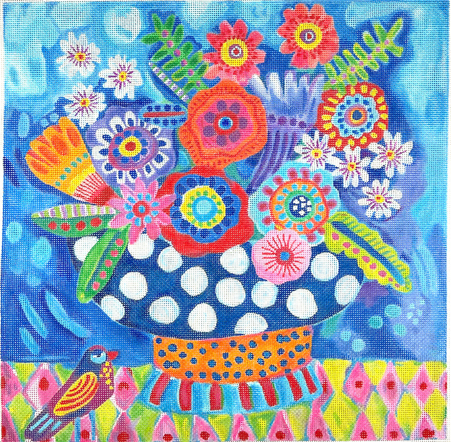 JE-PL-15 - Bright Flowers in Blue Polka Dot Vase