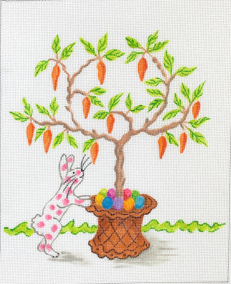 JW-PL-20 - Pink Spotted Bunny with Carrot Tree and Easter Eggs - Multi on White