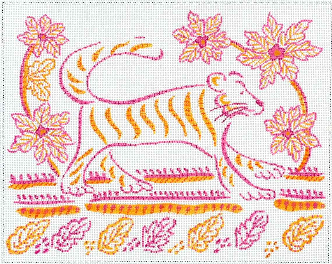 JW-PL-21 - Indian Textile-Inspired Tiger with Flowers and Leaves