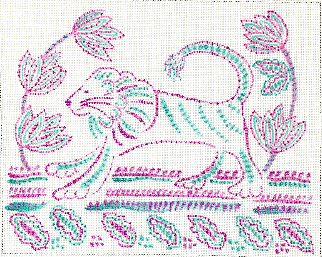 JW-PL-22 - Indian Textile-Inspired Lion with Tulips and Leaves