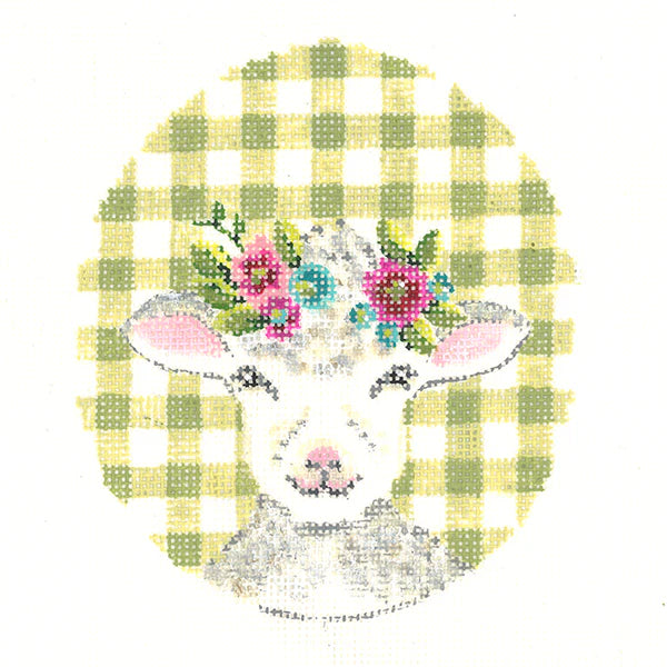 KEA74-18 - Curly Lamb with Flower Crown on Green Gingham