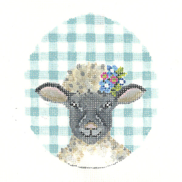 KEA79-18 - Black Lamb with Flower Crown on Aqua Gingham