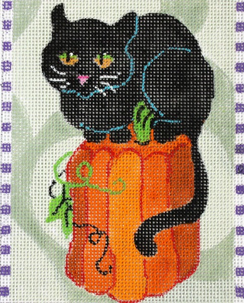 KL451 - Black Cat Perches on Pumpkin