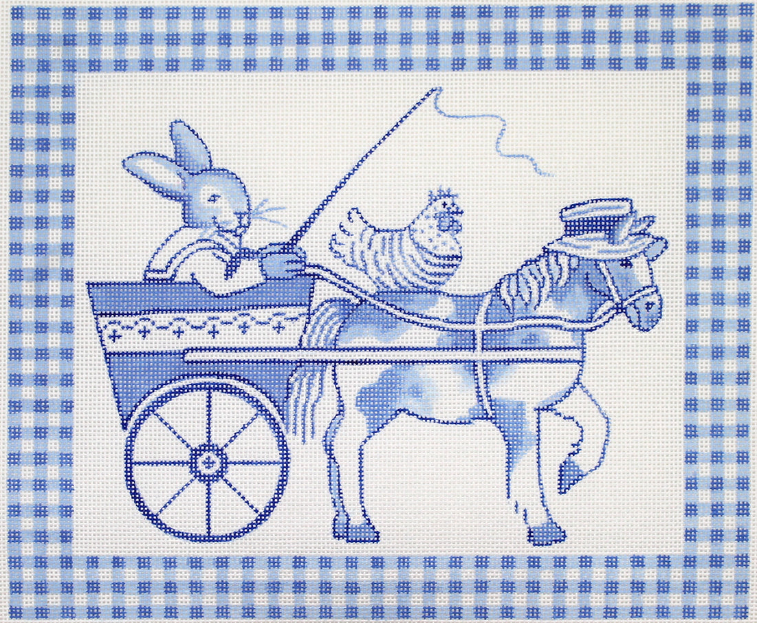 KR-PL-03 - Blue Toile Bunny in Cart with Horse and Hen