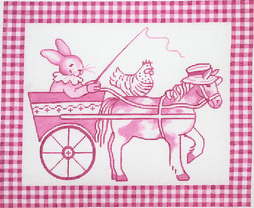 KR-PL-04 - Pink Toile Bunny in Cart with Horse and Hen