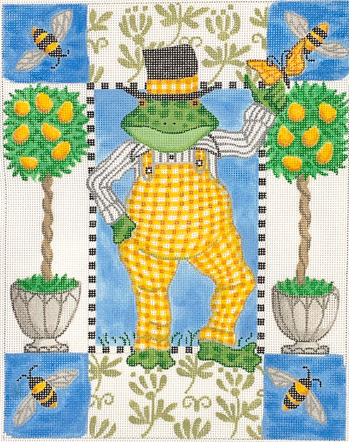 KR-PL-21 - Frog in Yellow Gingham Overalls with Bees and Lemon Topiaries