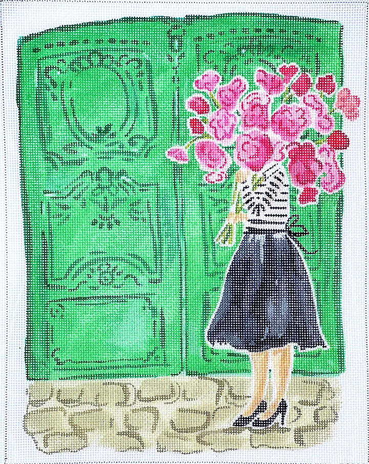 LB-PL-07 - Mademoiselle with Pink Flowers and Green Doors