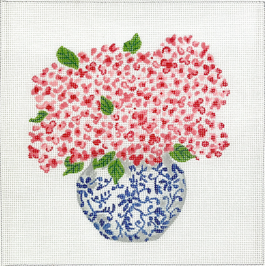 LB-PL-35 - Blue Chinoiserie Pot with Pink Hydrangea