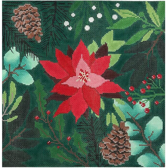 LL-PW-7B - Botanical Green with Red Flower Pillow