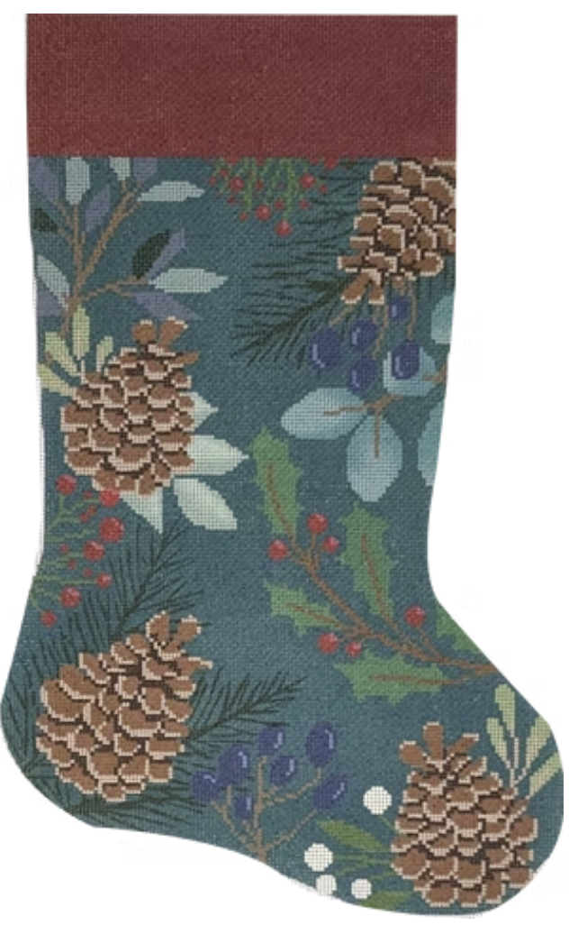 LL-ST-02B - Green Stocking with Pinecones