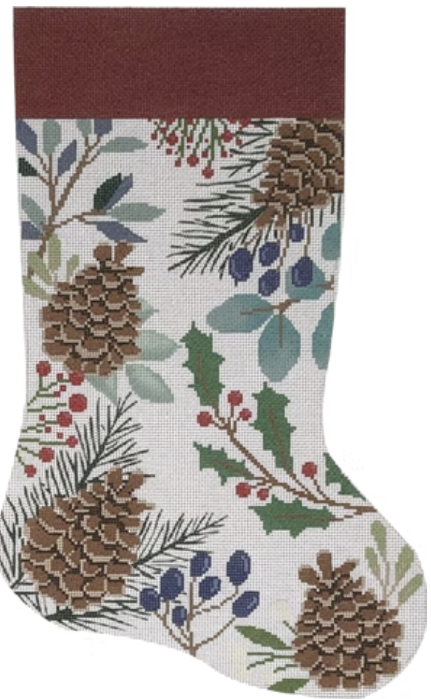 LL-ST-02A - White Stocking with Pinecones
