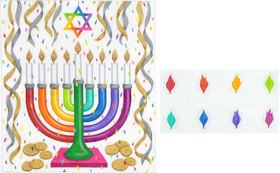 MEN-01 - Menorah - Rainbow Confetti with Individual Flames