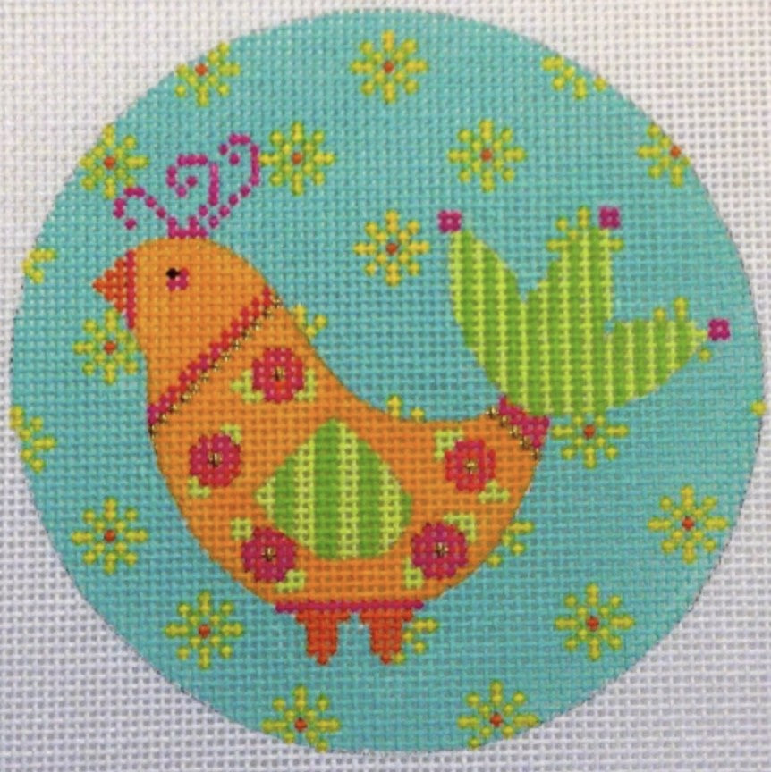 N113A - Mod Birds Ornament - Blue/Orange Floral