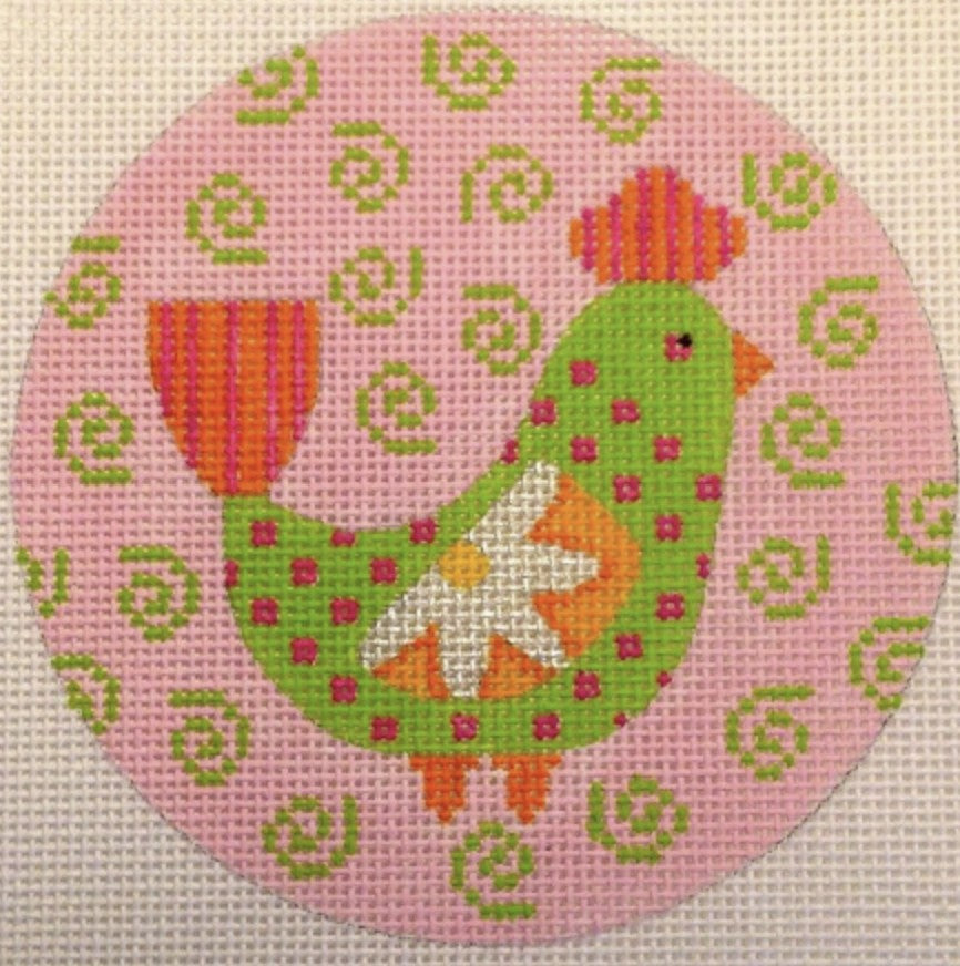 N113E - Mod Birds Ornament - Pink/Green Swirl Background