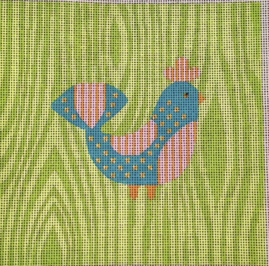 N114A - Mod Birds Ornament - Green Woodgrain Background