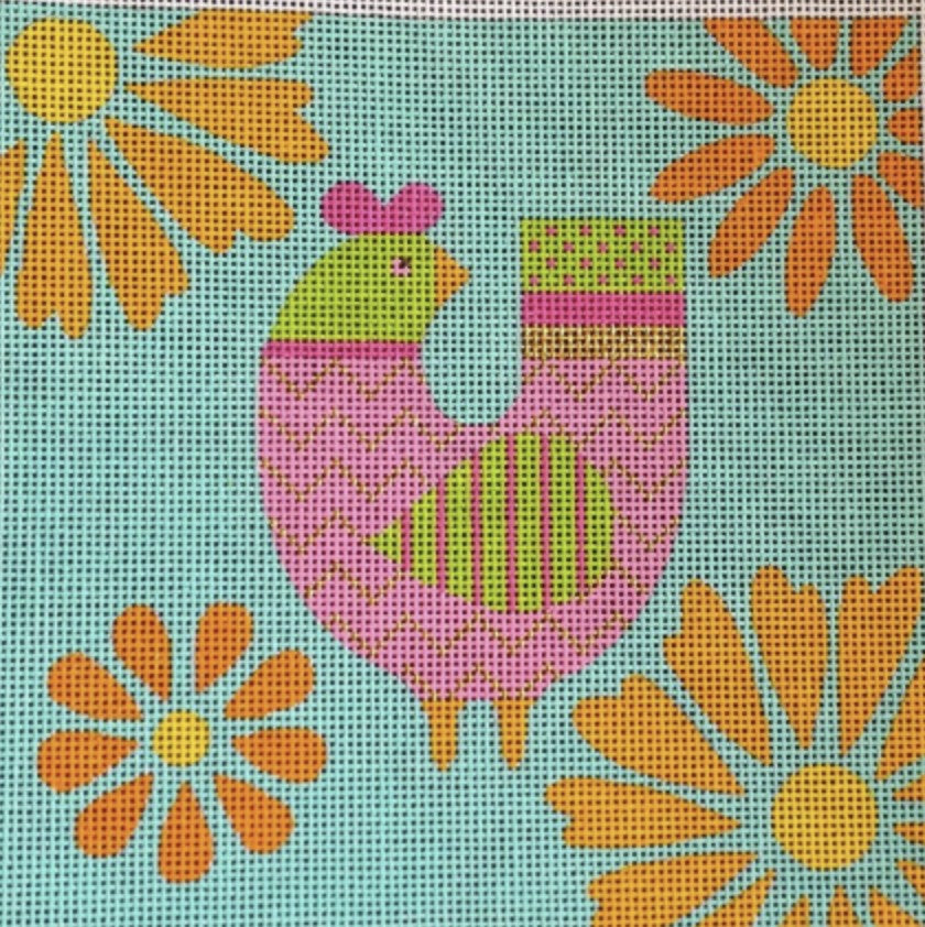 N114 - Mod Birds Ornament - Blue/Orange Floral Background