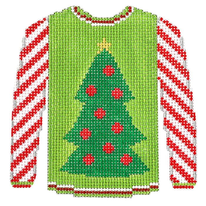 KK-O199A - Sweater - Christmas Tree on Lime with Red Striped