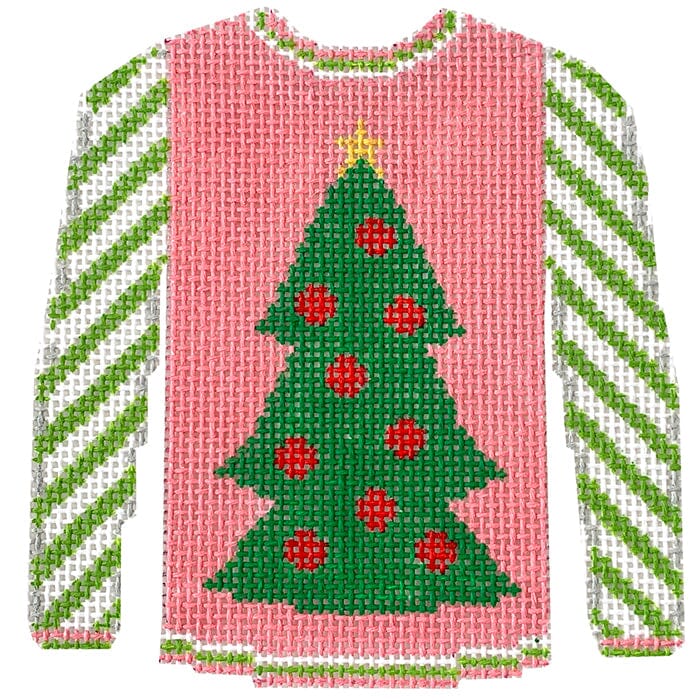 KK-O199B - Sweater - Christmas Tree on Pink with Lime Striped