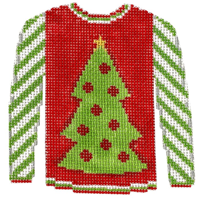 KK-O199C - Sweater - Christmas Tree on Red with Green Striped