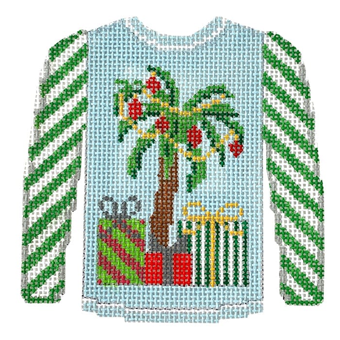 KK-O199O - Sweater - Palm Tree on Blue with Green Sleeves