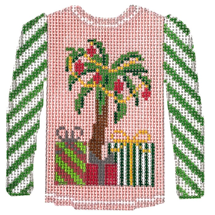 KK-O199P - Sweater - Palm Tree on Pink with Green Sleeves