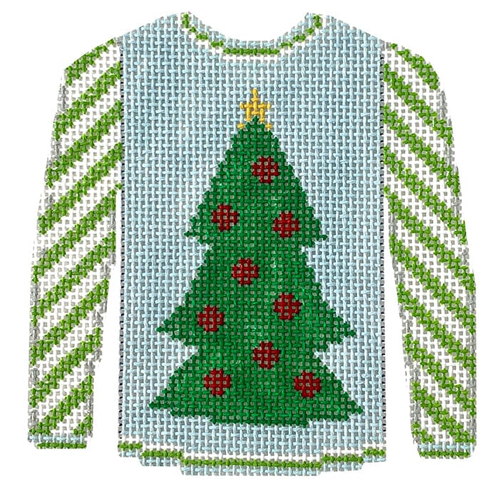 KK-O199X - Sweater - Christmas Tree on Blue with Lime Striped Sleeves