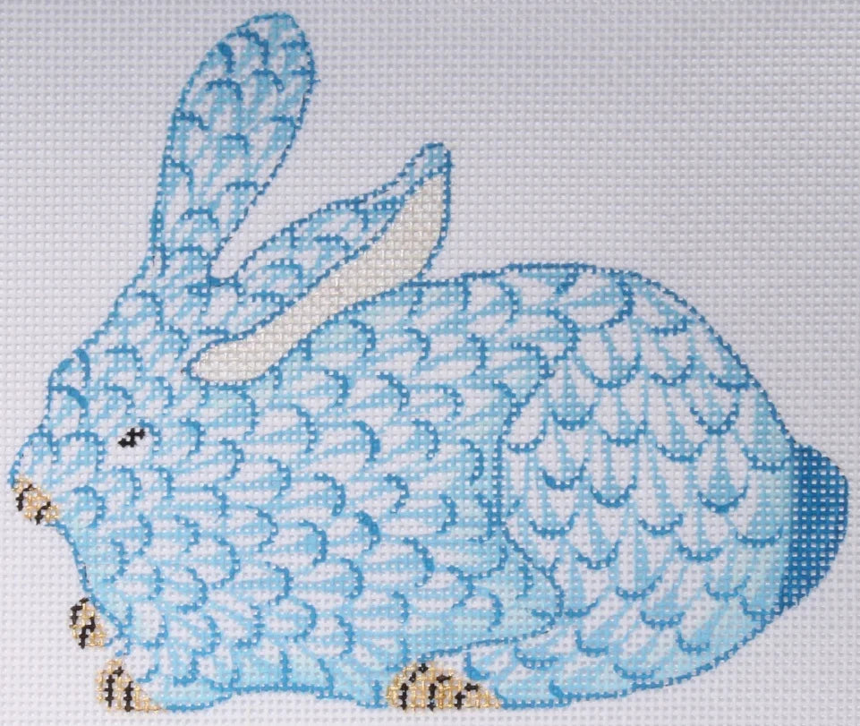 OM-147 - Mini Herend-style Crouching Bunny - Blue and Gold