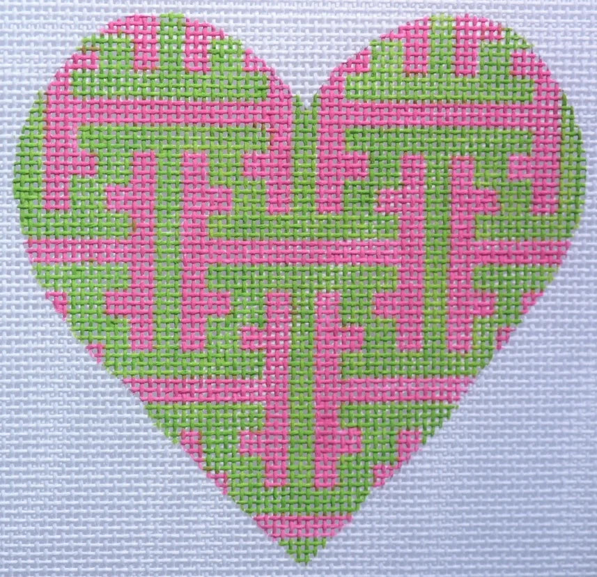 OM-15 - Mini Heart - Chinoiserie Lattice - Green and Pink
