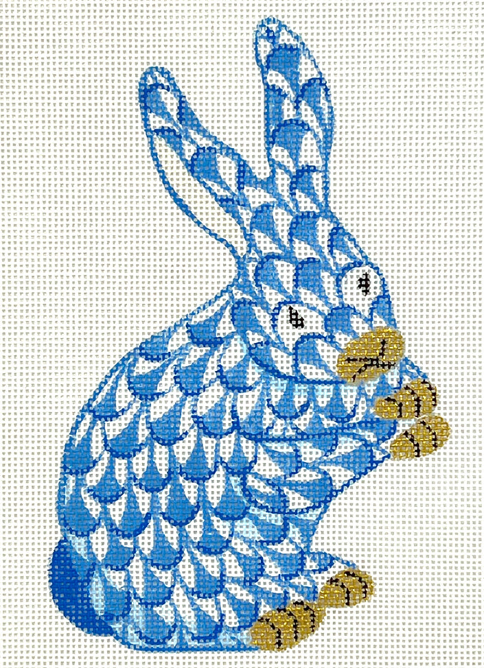 OM-154 - Mini Herend-style Standing Bunny - Blue and Gold