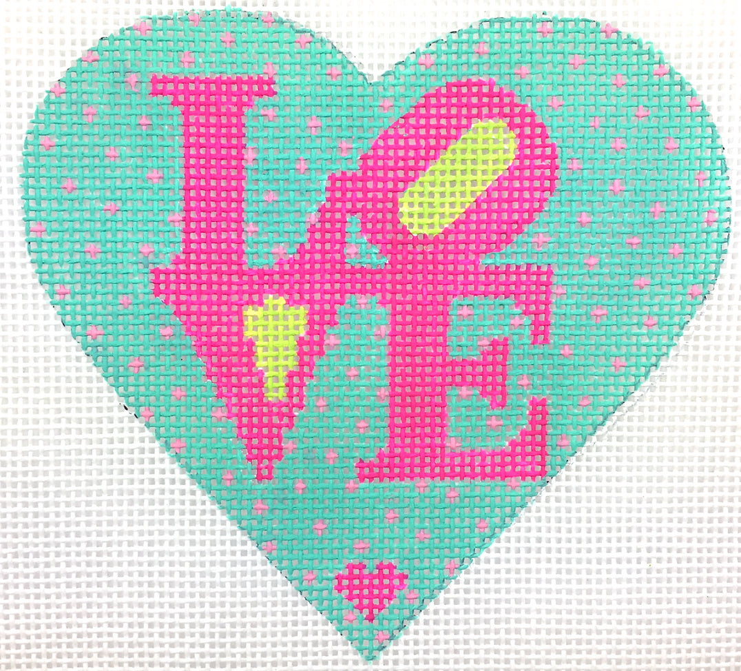 OM-237 - Mini Heart - LOVE - Hot Pink and Lime on Turquoise